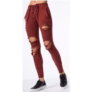 NSF Maddox Lace Front Destroyed Sweats Burgundy Sz P